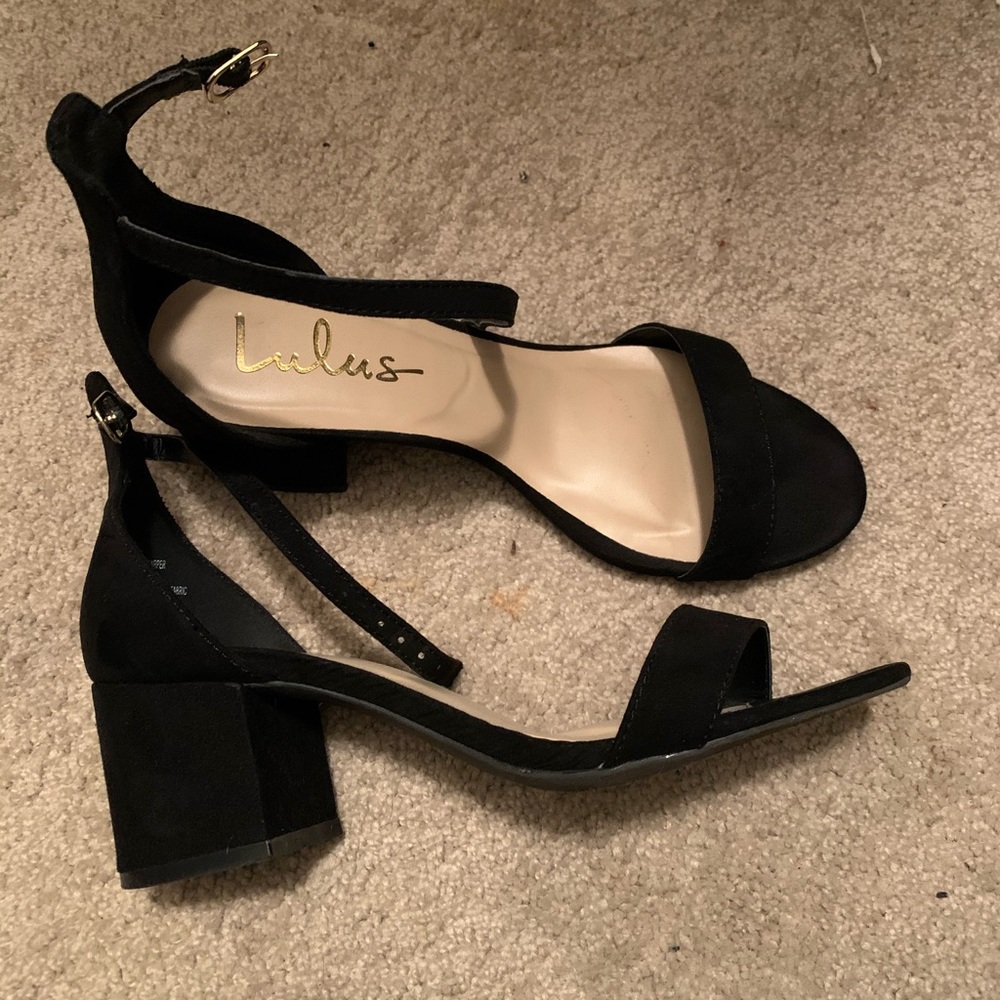 Black suede ankle strap heels